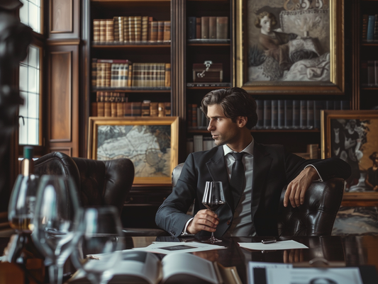 La foto muestra a una persona de negocios, elegantemente vestida, relajándose en un elegante despacho o salón. La persona sostiene una copa de vino y mira pensativamente por la ventana o un documento sobre la mesa.