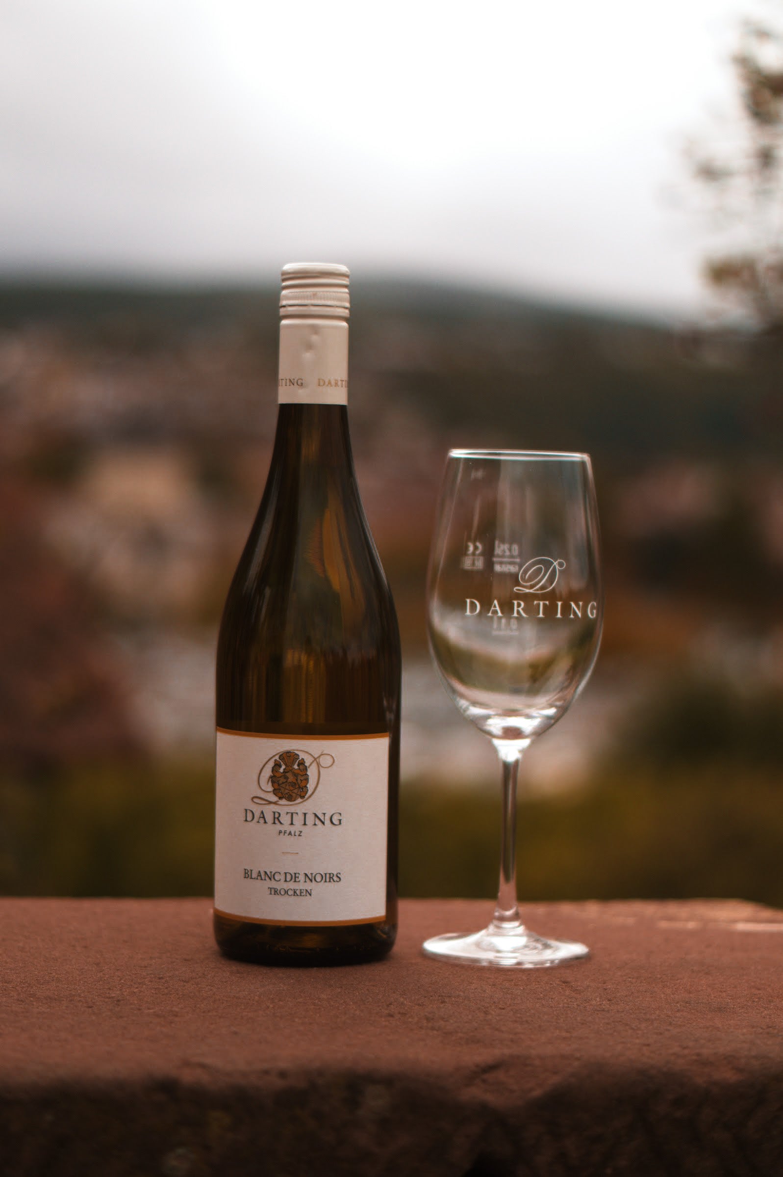 Una botella de vino blanco del tipo Blanc de Noir se encuentra a la izquierda de una copa de vino blanco vacía en una pared de arenisca. 