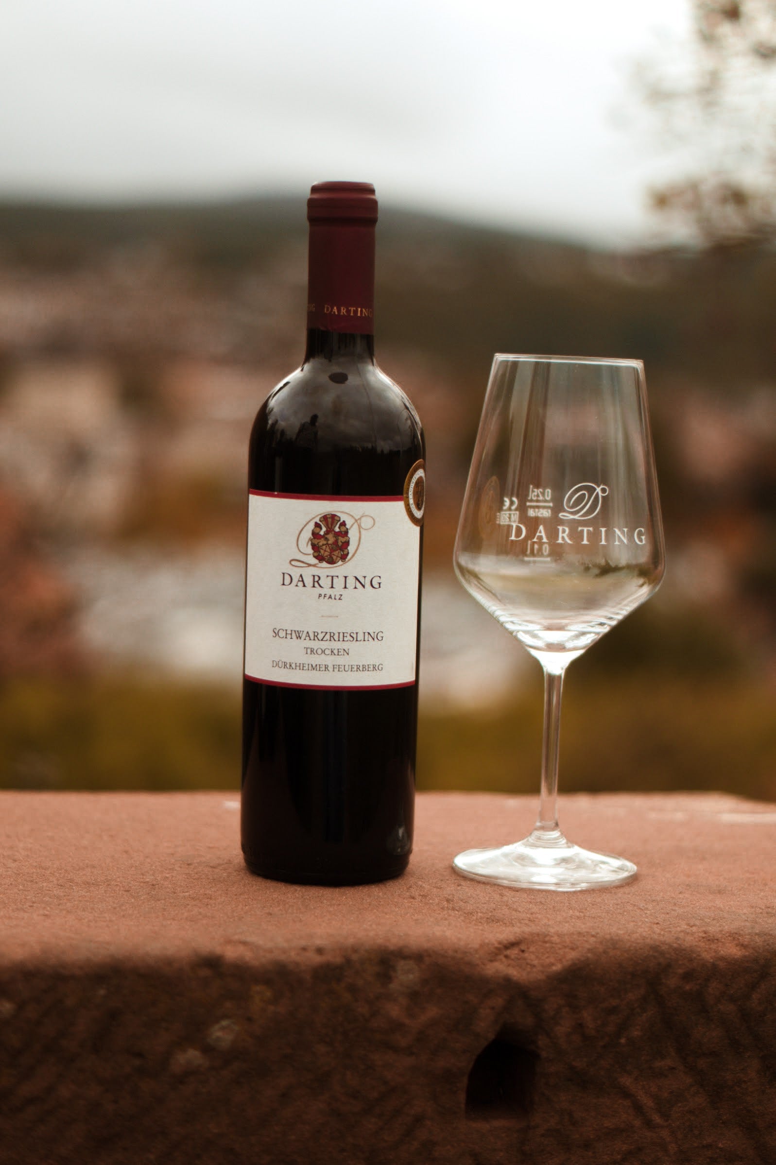 Una botella del vino tinto seco Pinot Meunier sobre una pared de arenisca y a la derecha de la botella un vaso de vino tinto.